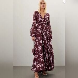 Mac Duggal Burgundy Floral Long Sleeve Dress